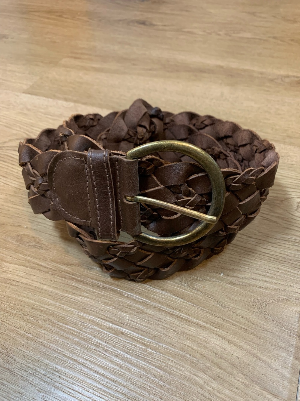 Vintage Faded Glory Brown Braided Leather Belt Size XL brass tone buckle Wide 2”